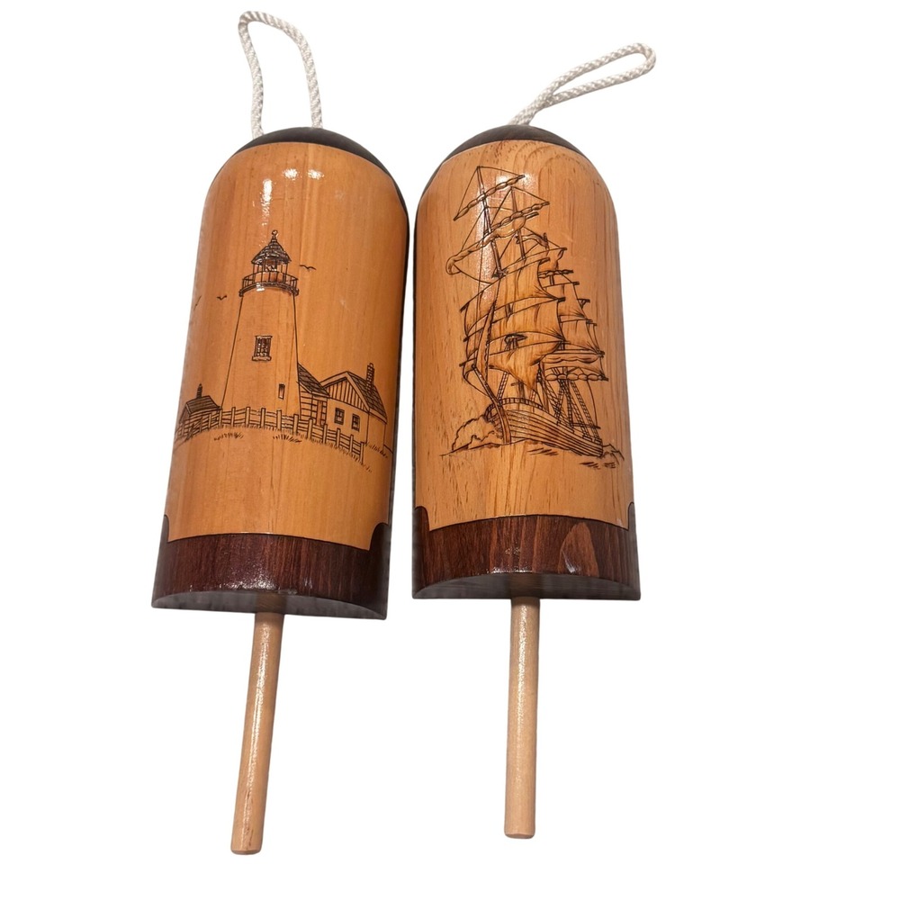 Vintage Hand Made Nautical Wood Buoy Decor Set Lighthouse Sailboat Maritime Art - Picture 1 of 10
